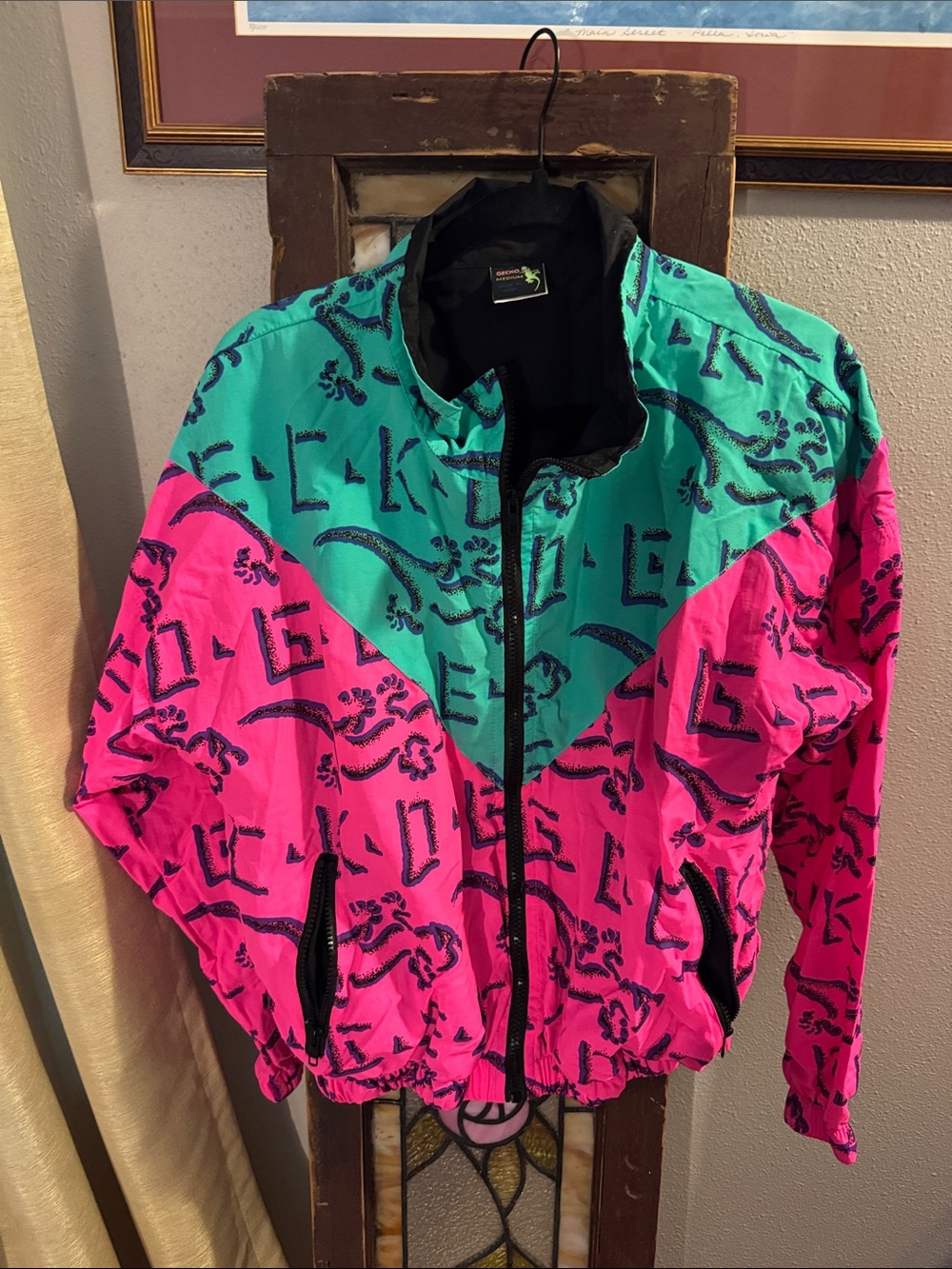 Gecko Hawaii Full  Zip Windbreaker Jacket Teal Pink Colorblock Boxy Nylon